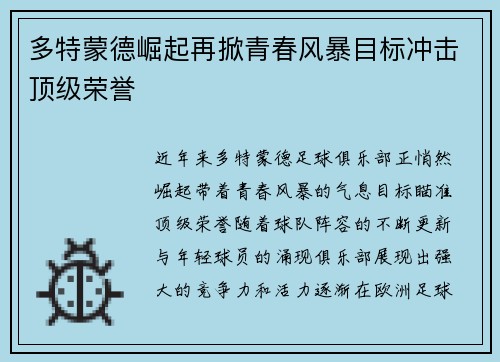 多特蒙德崛起再掀青春风暴目标冲击顶级荣誉